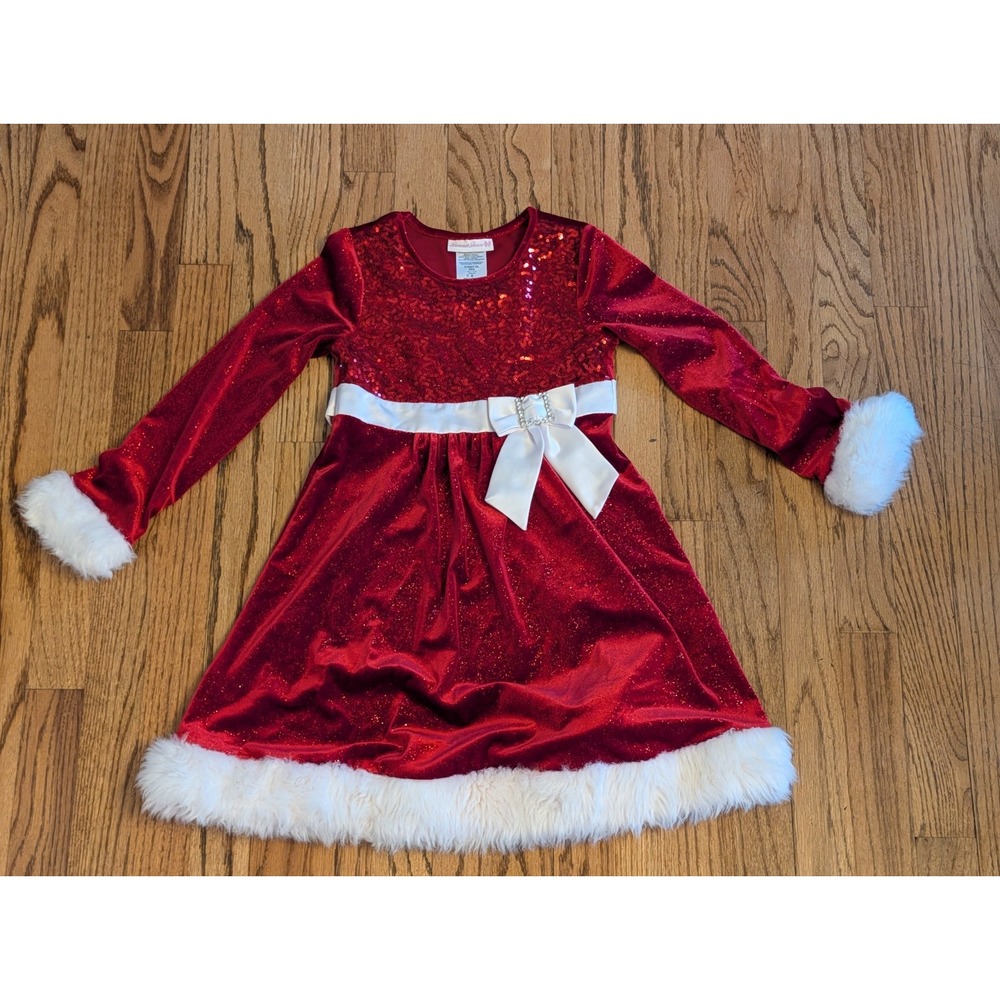Bonnie Jean Girls Red Velvet Sequin Christmas Dress Faux Fur Trim Size 8